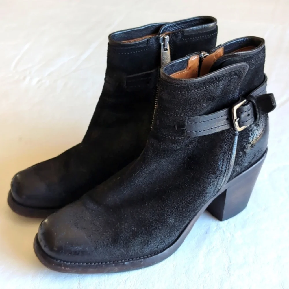 Pantanetti Heeled Buckled Distressed Black Leather Moto Booties Women's 38